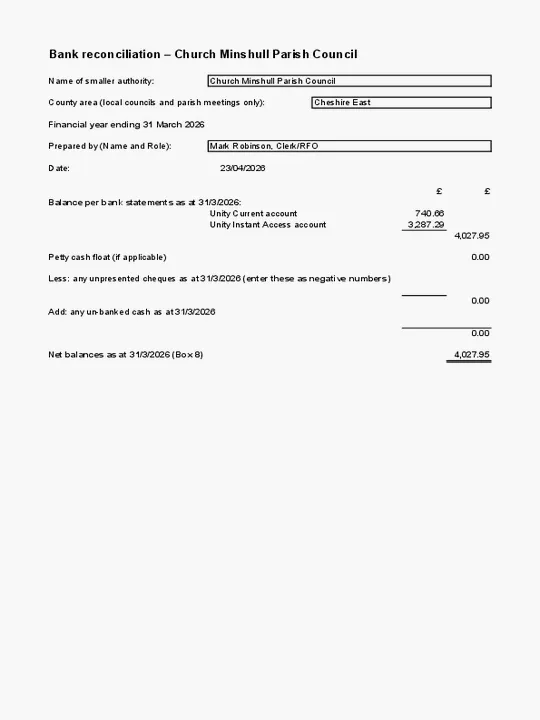 Church Minshull Bank Reconciliation