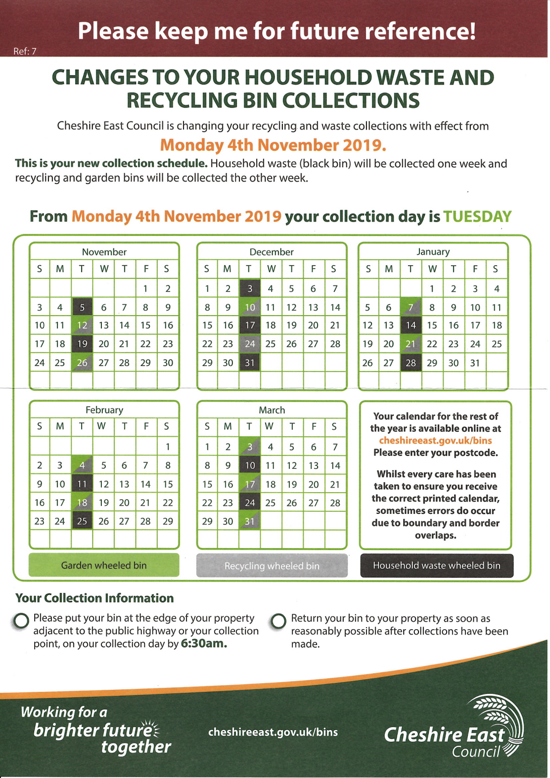 Village Arena Bin Collection Calendar Oct 2019