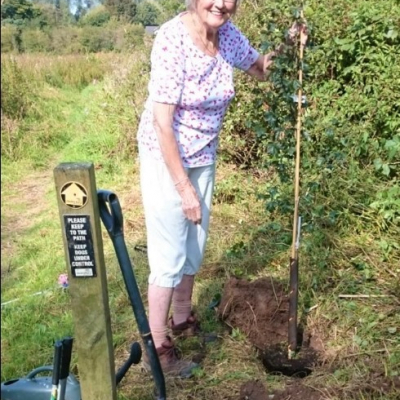 Margaret planting the first tree - Sept 2020